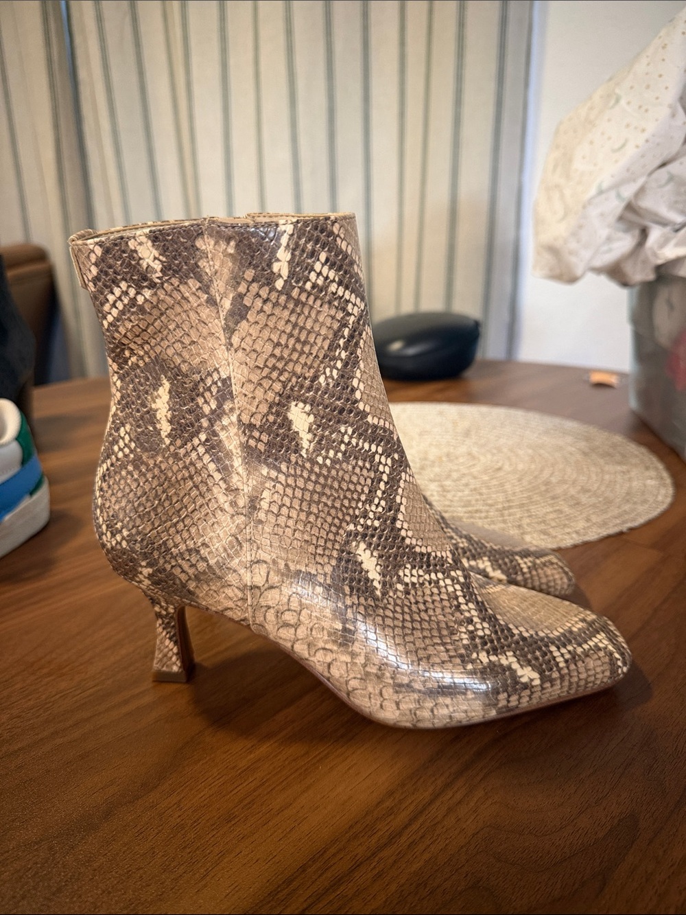 Sam Edelman Taupe Snake-Print Kitten Heel Ankle Boots | Size 6